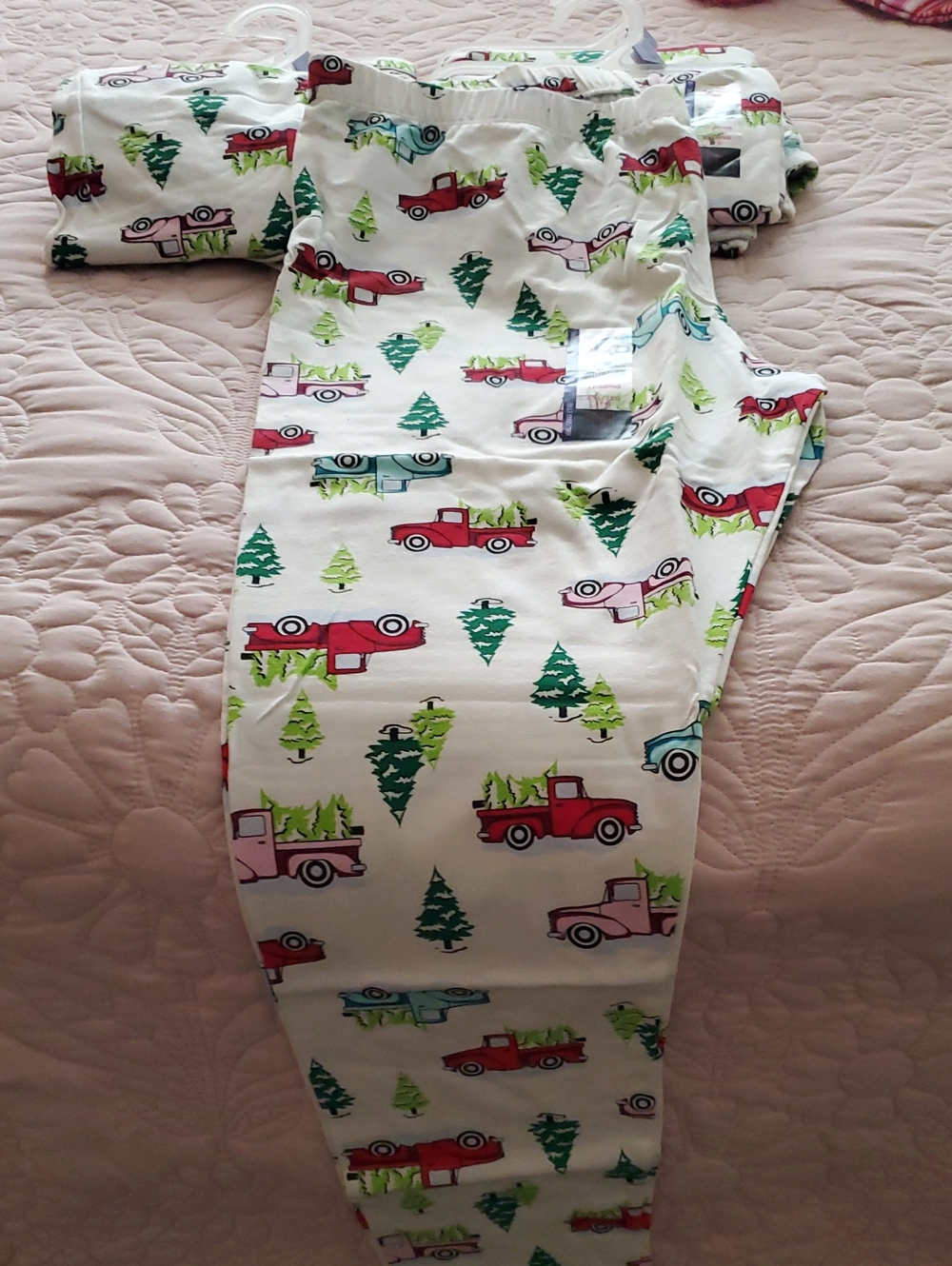 NOBO Adults Pajama Pants in White with Red, Pink, Blue & Green Truck Print